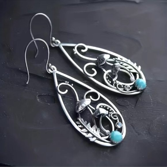 1 LEFT! Silver Bohemian Turquoise Drop Hoop Earrings - Picture 4 of 6